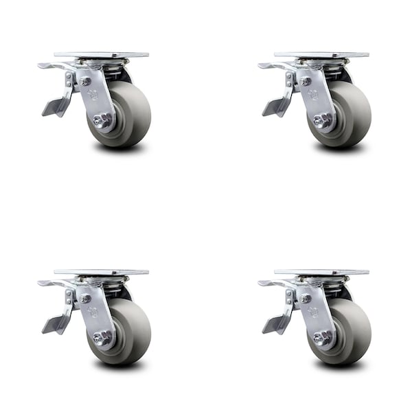 4 Inch Thermoplastic Rubber Caster Set with Ball Bearings and Total Lock Brakes